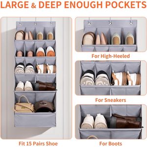 Over The Door Shoe Organizer 15 Pockets Grey Hanging Storage Rack For Closet Shoes With Large Pocket L Shape Design - Product Image 4