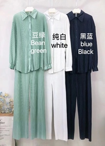 ZHEZHE Bestseller Einfarbiger Plissierter Stoff Polokragen Damenhemden & -oberteile Modische Weite Hosen Damen Zweiteiler Hosenanzug - Product Image 2