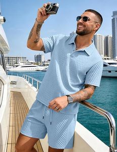 Completo Estivo da <span class=keywords><strong>Uomo</strong></span> in Tessuto Jacquard Stile Europeo e Americano, <span class=keywords><strong>Abbigliamento</strong></span> <span class=keywords><strong>Sportivo</strong></span> Casual, Polo con Colletto Sottile, Set a Maniche Corte - Product Image 3