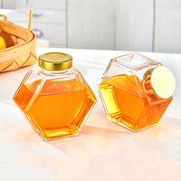 Stoples Madu Kaca Heksagonal Mewah 380ml 500g Bening dengan Tutup Logam Emas, Wadah Penyimpanan Makanan, Stoples Selai Madu