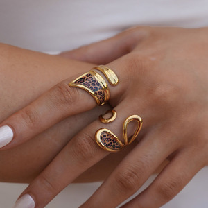 Novirassine 18K PVD <span class=keywords><strong>Gold</strong></span> Edelstahl Chunky Leopardenmuster Offene Ringe Y2K Ästhetik Tiermuster Verstellbarer Wickelring für Damen - Product Image 2