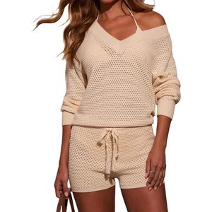 Ensemble deux pièces en crochet pour femme 2026, col en V, épaules dénudées, coupe ample, short de plage à taille élastique, tenue d'été - Product Image 1