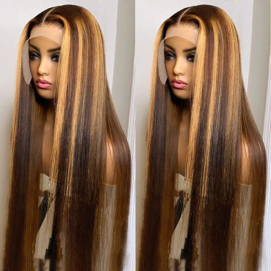 30 Inch Straight Highlight Wigs Human Hair ,13x4 Lace Frontal Wig ,Brazilian Remy 180% Honey Blonde Colored Wigs For Women