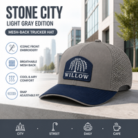 Casquettes de camionneur personnalisées brodées, dos en maille, structurées, gris marine, avec patch appliqué, couronne haute, pour usage urbain et extérieur, vente en gros