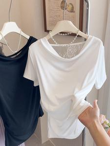 Camiseta de manga corta con espalda descubierta de encaje Modal de verano para mujer de Super Design con camisa base de cuello oscilante gris - Product Image 2