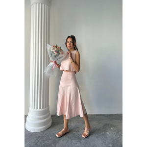 Conjunto de Dos Piezas para Mujer, Blusa sin Mangas de Gabardina y Falda Campana, Color Rosa Polvo, Talla S - Product Image 4