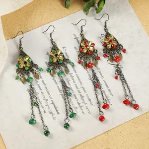 Hot Selling Ethnic Style Antique Bronze Plating Flower Dangle Earrings Vintage Bohemian Metal Tassel Drop Earrings Jewelry