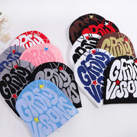 Gorros de punto jacquard personalizados al por mayor con logo de doble cara, gorros de invierno de acrílico estilo hip hop con diseño de telaraña, gorros con lazos de personajes de frutas.