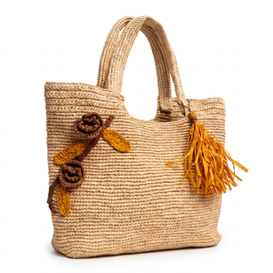 Sac fourre-tout en paille crocheté, léger, à bandoulière, avec pompon floral, couleur unie, pour les voyages et l'usage quotidien - Product Image 3