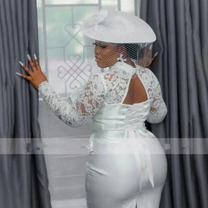 <span class=keywords><strong>Robe</strong></span> de Cocktail Courte Aso Ebi Personnalisée Coupe Sirène à Col Montant en Dentelle <span class=keywords><strong>Blanche</strong></span> pour Invitée de Mariage Manches Longues - Product Image 3