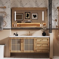Meuble-lavabo mural de luxe moderne personnalisable en bois massif résistant à l'eau pour hôtel et villa avec miroir LED intelligent et armoire à pharmacie