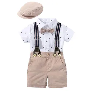 2023 Mùa Hè Quý Ông Trẻ Sơ Sinh Quần Áo Bộ Ngắn Tay Áo In Áo Sơ Mi Romper Treo Quần Short Hat 3Pcs Quần Áo Trẻ Em Cho Cậu Bé