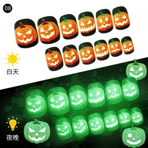 Halloween imprensa em unhas brilhar no escuro, fantasma fluorescente bombinha, fogo, bonito, curto, falso, crianças, prensa em unhas