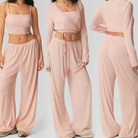 Nouveautés Ensemble 3 Pièces Femme Effet Seconde Peau Antichoc : Débardeur en Dentelle, Haut de Sport Manches Longues et Pantalon Large pour Yoga et Fitness