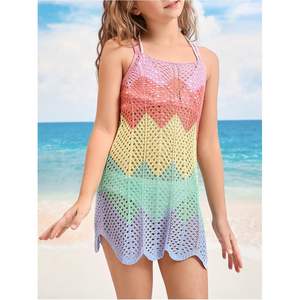 Traje de Baño Personalizado para Niña Pequeña, Vestido de Playa de Punto Calado Colorido, Halter sin Mangas, Corte en A, 1 Pieza - Product Image 3