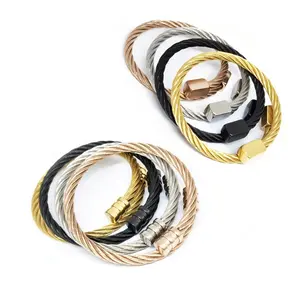 Braccialetto con polsino aperto con cavo intrecciato espandibile unisex di moda bracciale con corda metallica regolabile in acciaio inossidabile