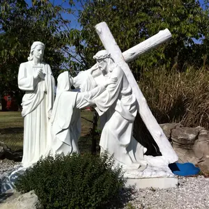 BLVE屋外宗教的な石の彫刻聖母マリア像等身大大理石イエス十字架の彫刻を運ぶ