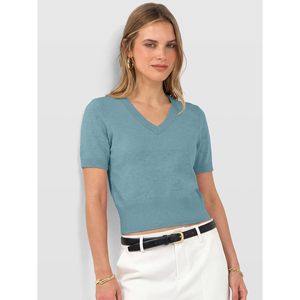 FOXA Suéter corto de manga corta con cuello en V para mujer, top de punto suave y ligero para uso informal de primavera y verano - Product Image 3