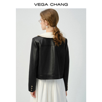 VEGA CHANG Printemps Fille Doux et Cool Manteau Noir Court Couleur Contrastée Patchwork Col de Poupée Veste en Cuir