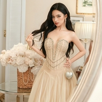 Robe de soirée longue personnalisée OEM/ODM, col en V, champagne, sans bretelles, en tulle orné de strass, pour anniversaire, toast ou mariage