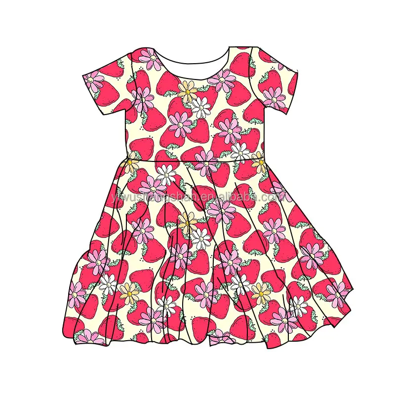 0-16 Year Old Summer Fashion Girls Twirl Dress Strawberry Flower Printed Short Sleeve Toddler Baby Pleated Skirt
