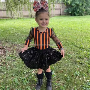 2 Pieces Baby Girls Halloween Romper Set Infant Kids Striped Print Sequin Skirt Boutique Outfit