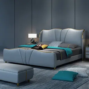 Set Furniture Kamar Tidur Italia, Tempat Tidur Kulit Mewah, Desainer Dua Tempat Tidur Modern Italia Terbaru