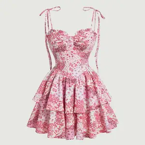 Customized Women's Dress Summer Women's Elegant Full Pattern Flower Print Pleated Half Body Lace up Shoulder Pleated Mini Dress
