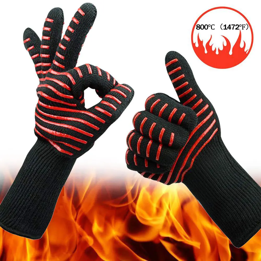 Silicone Oven Mitts Gloves Professional Aramid Grill Fire Proof Silicone Heat Resistant Oven BBQ Insulated Barbeque Gloves For Kitchen Cooking
