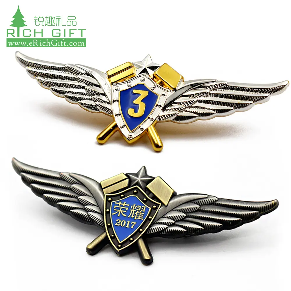 Wholesale uniform shoulder die cast custom design metal gold plating security pilot wings pin badges with your own logo