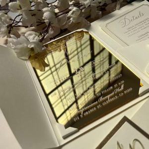 Nouvelle Arrivée : Boîte en Velours pour Faire-part de Mariage en Papier Ivoire, Design Personnalisé, Cartes de Mariage Artisanales en Acrylique Doré Effet Miroir avec Ensemble RSVP - Product Image 3