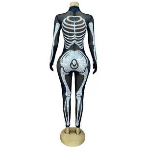 Hot Sale Cool Stylish Crystal Personalized Echo Skeleton Printed Spandex Mesh <b>Women's</b> Adult Jumpsuit Halloween Party - Product Image 3