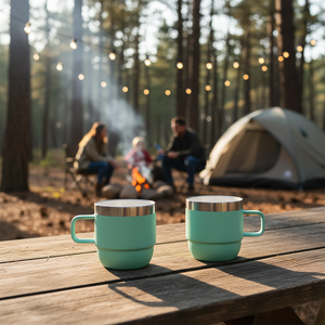 Tasses empilables à double paroi isolées sous vide avec poignée, 6 oz et 10 oz, ensemble de gobelets de camping en acier inoxydable avec logo personnalisé pour boissons chaudes et froides - Product Image 3