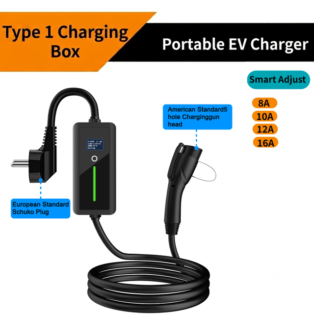 New SAE J1772 Portable EV Charger Type 1 16A Level 2 Adjustable Current 3.5kW Smart IP66 Waterproof EV Car Charger