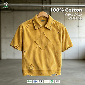 OEM ODM Custom Logo Men Corduroy Distressed Ripped Polo <b>Shirt</b> Rivet Studs <b>Patchwork</b> Boxy Cropped Streetwear Short Sleeve Top - Product Image 1