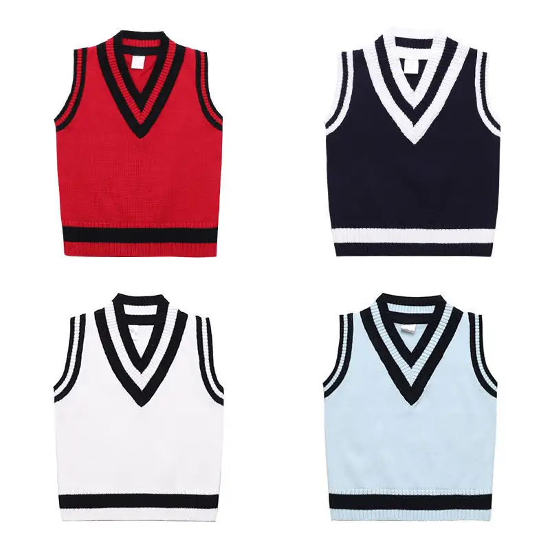 Customized logo v neck boy girls school cardigan navy red colors plain knitting pattern 3-18 Years school sweater vest
