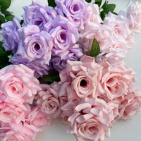 Roses artificielles en diamant à 9 têtes, roses artificielles en gros, roses rouges en velours, verdure artificielle, fausses fleurs PT-703