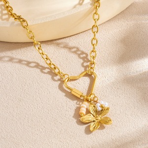 Gold Plated Flower Pearl Pendant Heart Ring Chain Stainless Steel Clavicle Necklace Gift Jewelry - Product Image 2