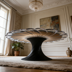 Table à manger <span class=keywords><strong>de</strong></span> luxe en verre artistique, plateau rond en résine transparente à motif tourbillonnant, base sur piédestal moderne et unique, grand meuble <span class=keywords><strong>de</strong></span> villa, pièce maîtresse - Product Image 2