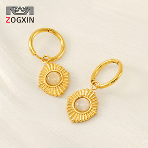 Zogxin Gold Hoop Earrings With Cat's Eye Stone Bezel Setting Geometric Design For Women Jewelry - Product Image 1