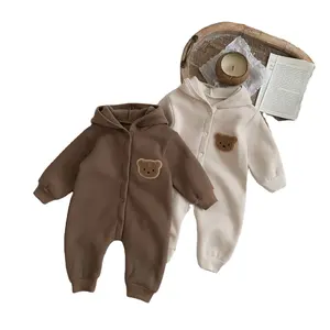 Baby Jongens Cartoon Lange Mouw Hooded Veet Jumpsuit Winter Baby Meisjes Schattige Beer Borduurwerk Fleece Romper Losse Overalls