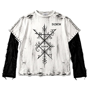 Camiseta Gruesa Blanca Lavada IZNEW con Estampado de Totem de Brújula y Runas Vikingas, Hombro Ovalado, Manga de Malla con Rasgaduras, Hilo con Flecos, Estilo Gótico, Unisex, Personalizada OEM - Product Image 1