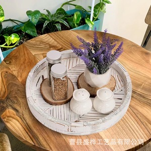 Retro Style Rotating Solid Wood Round Storage <b>Tray</b> Distressed Color For Home Desktop Display - Product Image 1