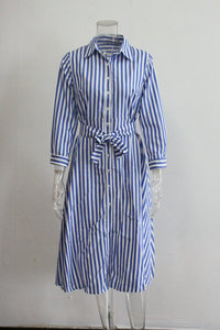 Robes chemise décontractées pour femmes à rayures coréennes de haute qualité, longueur genoux, manches longues, avec ceinture à la taille - Product Image 3