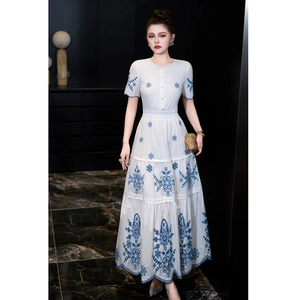 knee length dresses for ladies Blue and White Polka Dot chiffon Maxi Dress 2354  Xiaolizi