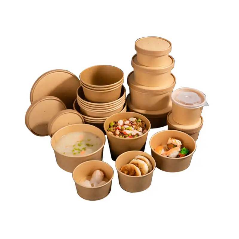 Recipientes desechables de papel para hacer sopa, recipientes de embalaje de comida de alta calidad, color marrón, 750ml, cuencos de ensalada kraft con tapa