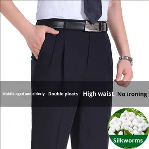 <span class=keywords><strong>Pantalones</strong></span> Casuales Transpirables de Seda de Morera con Doble Pliegue <span class=keywords><strong>para</strong></span> <span class=keywords><strong>Hombre</strong></span>, Tallas Grandes, <span class=keywords><strong>para</strong></span> Hombres de Mediana Edad y Mayores, Formales de Negocios, de Alta Gama - Product Image 2