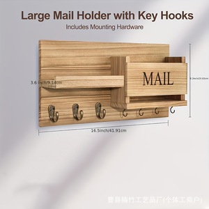 Wooden Wall Mounted Mail Organizer With Key <b>Hooks</b> And <b>Shelf</b> For Entryway Storage Natural Wood Color Rectangle Shape - Product Image 3
