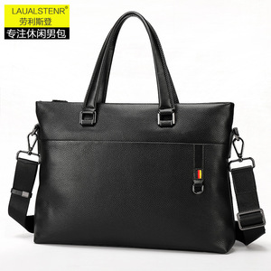 Laulalstern Men's Genuine Leather <b>Briefcase</b> 14 Inch Large Capacity Business Travel Handbag Solid Color Black - Product Image 1