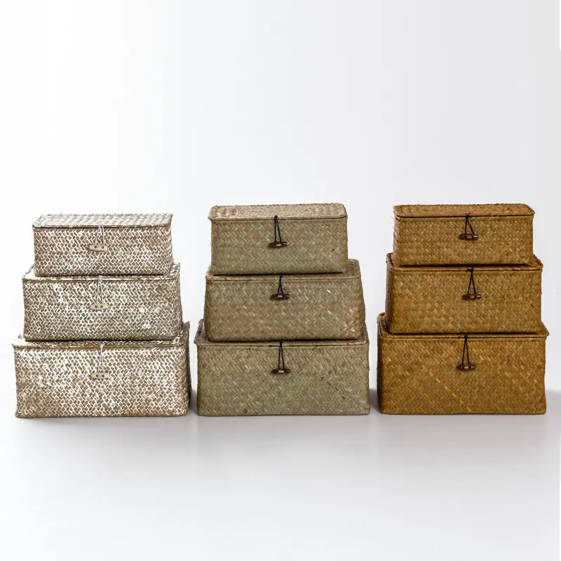 Robben-contenedores tejidos de paja con tapa, material natural puro, cestas de almacenamiento para regalo de fruta, superventas